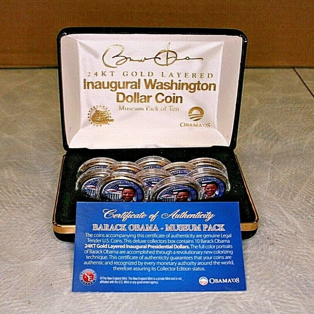 2008 Barack Obama 24KT Gold Layered Inaugural Washington Dollar Coin Museum Pack
